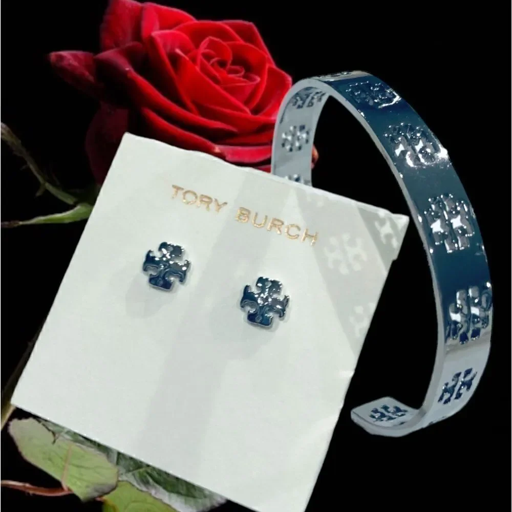 TORY BURCH LOGO HOLLOW BRACELET AND EARRINGS SILVER SET
